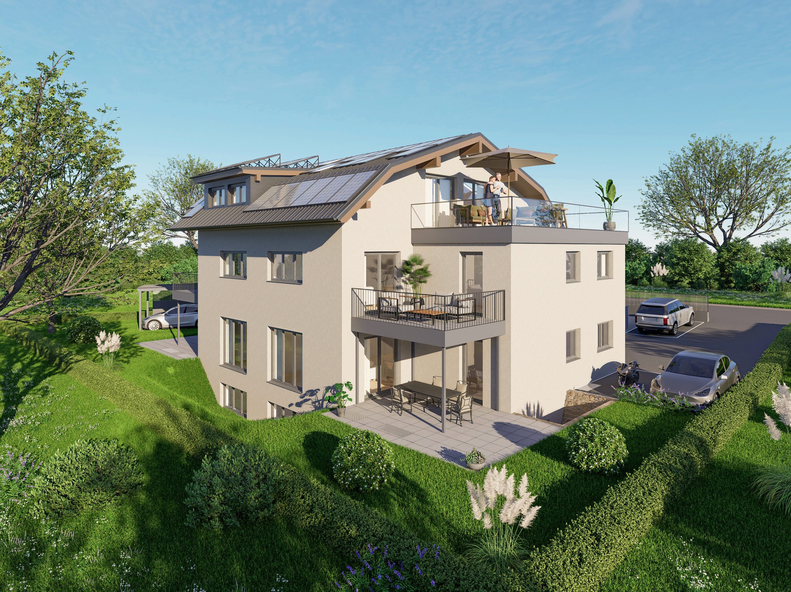 Blick über den Garten des Neubauprojekts Obere Walserbergstraße 8